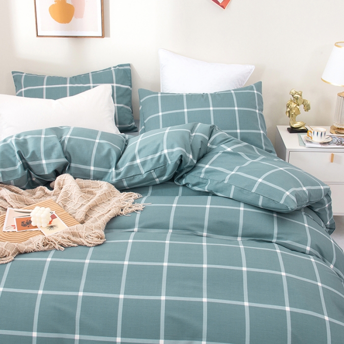 91家纺网 家纺一手货源 找家纺 柠萌 2022新款全棉13372无印良品风格北欧风四件套 萌浅蓝大格