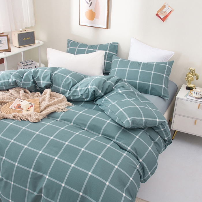 91家纺网 家纺一手货源 找家纺 柠萌 2022新款全棉13372无印良品风格北欧风四件套 萌浅蓝大格