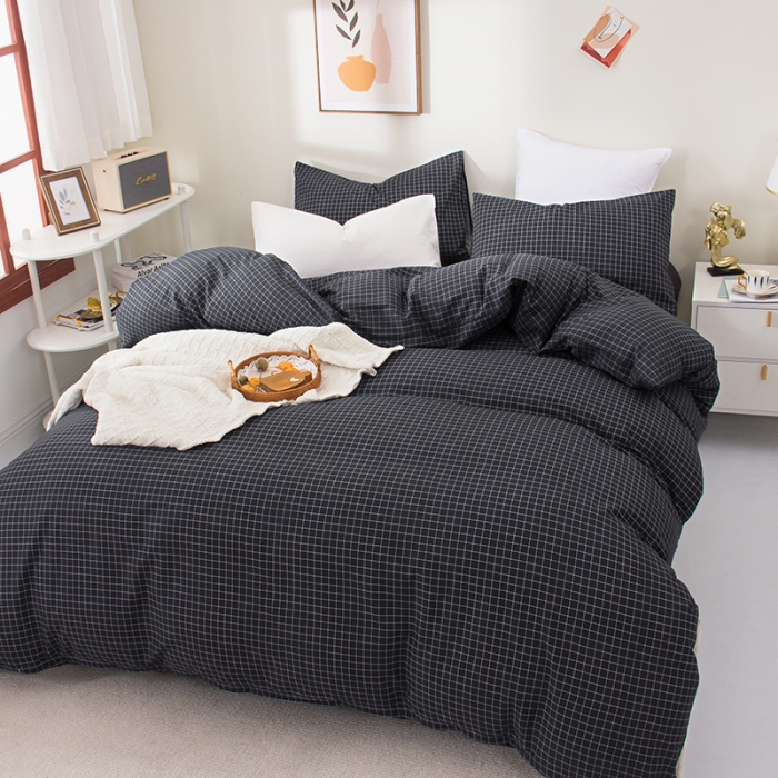 91家纺网 家纺一手货源 找家纺 柠萌 2022新款全棉13372无印良品风格北欧风四件套 萌小灰格