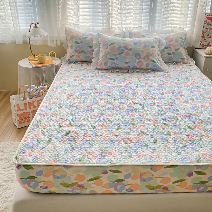 91家纺网 家纺一手货源 找家纺 简宜家居2022新款纯棉夹棉单品床笠 粉蓝