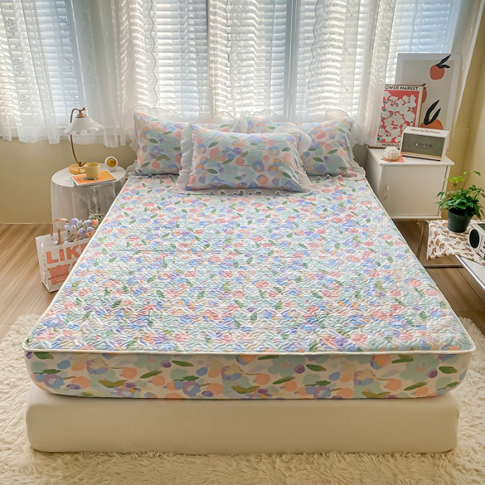 91家纺网 家纺一手货源 找家纺 简宜家居2022新款纯棉夹棉单品床笠 粉蓝