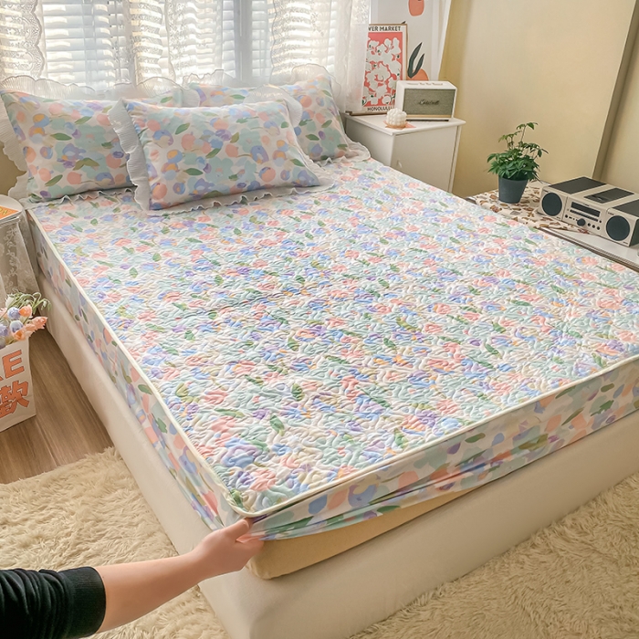 91家纺网 家纺一手货源 找家纺 简宜家居2022新款纯棉夹棉单品床笠 粉蓝