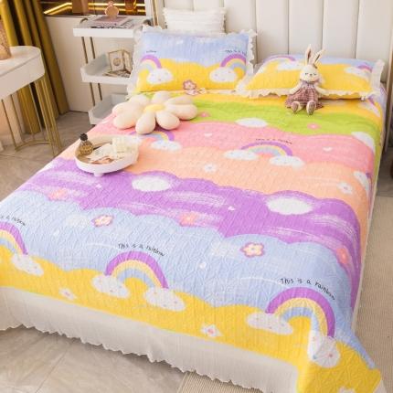 直播热款小清新床盖四件套全棉花边床盖可定制尺寸 彩虹油画