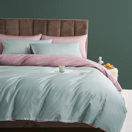 91家纺网 家纺一手货源 找家纺 顾家家居2023新款60长绒棉双拼全棉四件套纯棉纯色碧绿粉黛