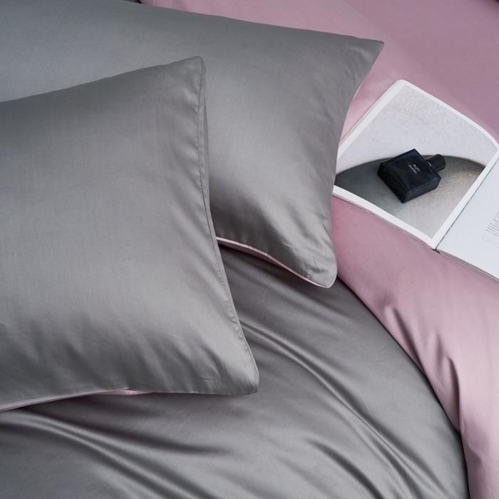 91家纺网 家纺一手货源 找家纺 顾家家居新款60长绒棉双拼全棉四件套纯棉纯色高级灰粉黛