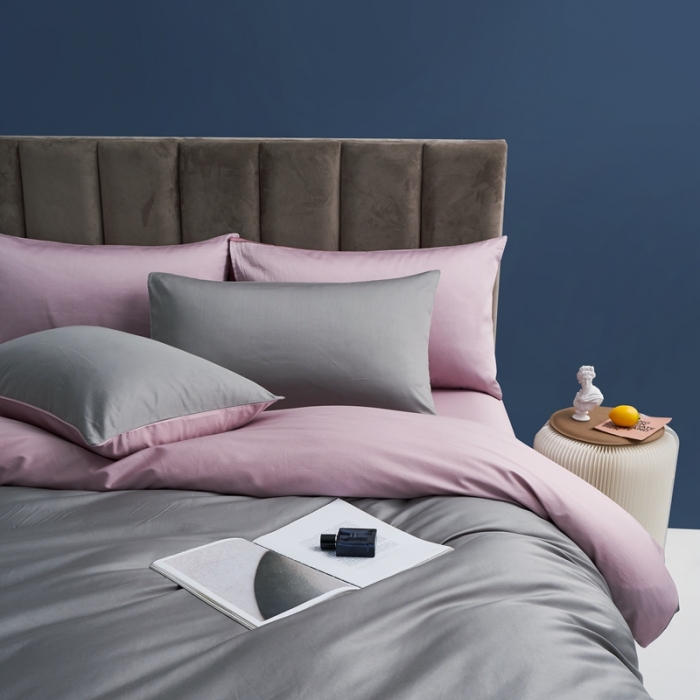 91家纺网 家纺一手货源 找家纺 顾家家居新款60长绒棉双拼全棉四件套纯棉纯色高级灰粉黛