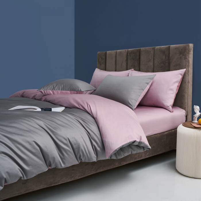 91家纺网 家纺一手货源 找家纺 顾家家居新款60长绒棉双拼全棉四件套纯棉纯色高级灰粉黛