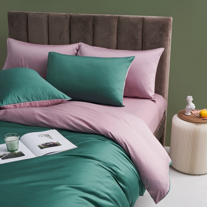 91家纺网 家纺一手货源 找家纺 顾家家居新款60长绒棉双拼全棉四件套纯棉纯色孔雀绿-粉黛