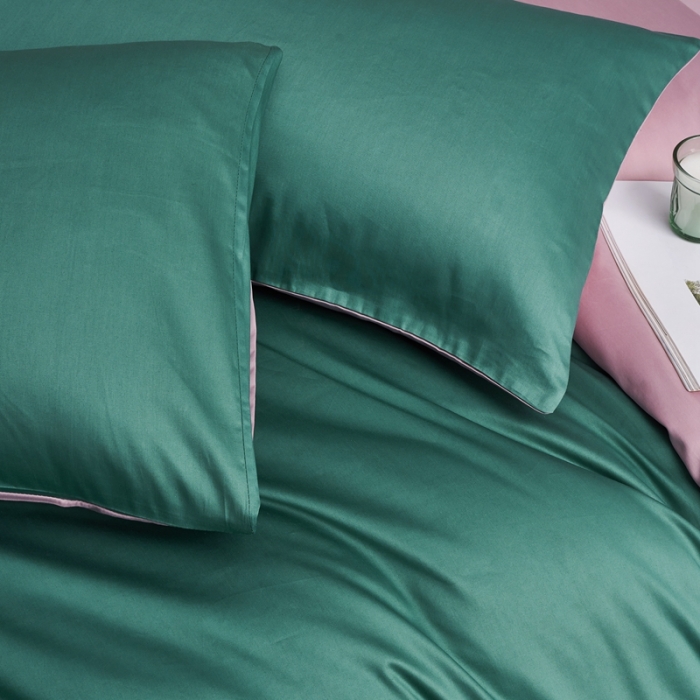 91家纺网 家纺一手货源 找家纺 顾家家居新款60长绒棉双拼全棉四件套纯棉纯色孔雀绿-粉黛