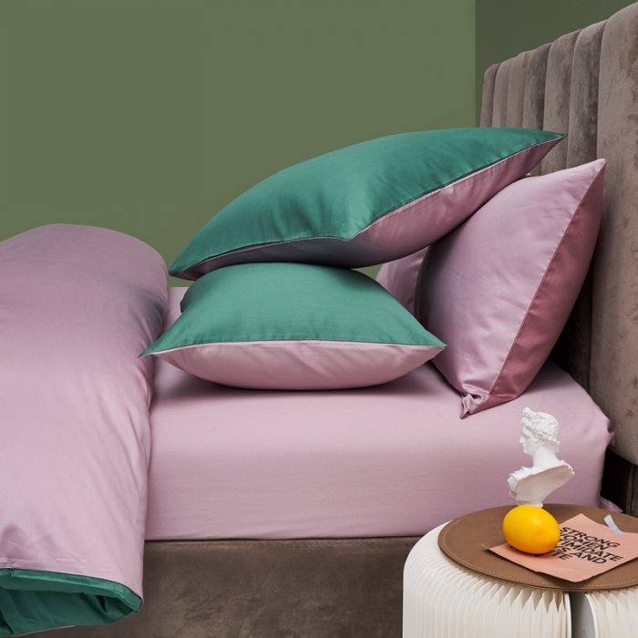 91家纺网 家纺一手货源 找家纺 顾家家居新款60长绒棉双拼全棉四件套纯棉纯色孔雀绿-粉黛