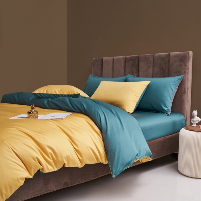 91家纺网 家纺一手货源 找家纺 顾家家居新款60长绒棉双拼全棉四件套纯棉纯色连翘黄-森林绿