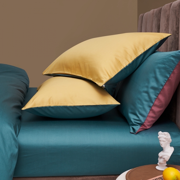 91家纺网 家纺一手货源 找家纺 顾家家居新款60长绒棉双拼全棉四件套纯棉纯色连翘黄-森林绿