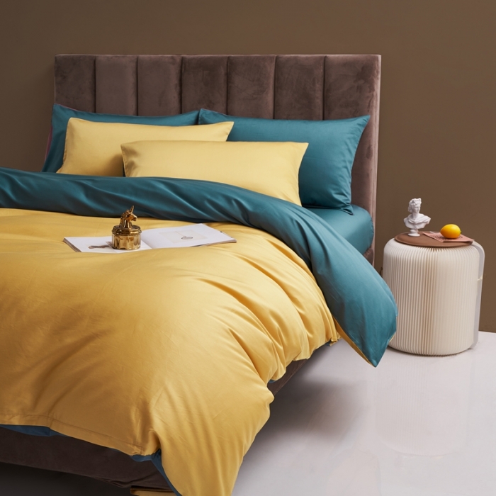 91家纺网 家纺一手货源 找家纺 顾家家居新款60长绒棉双拼全棉四件套纯棉纯色连翘黄-森林绿