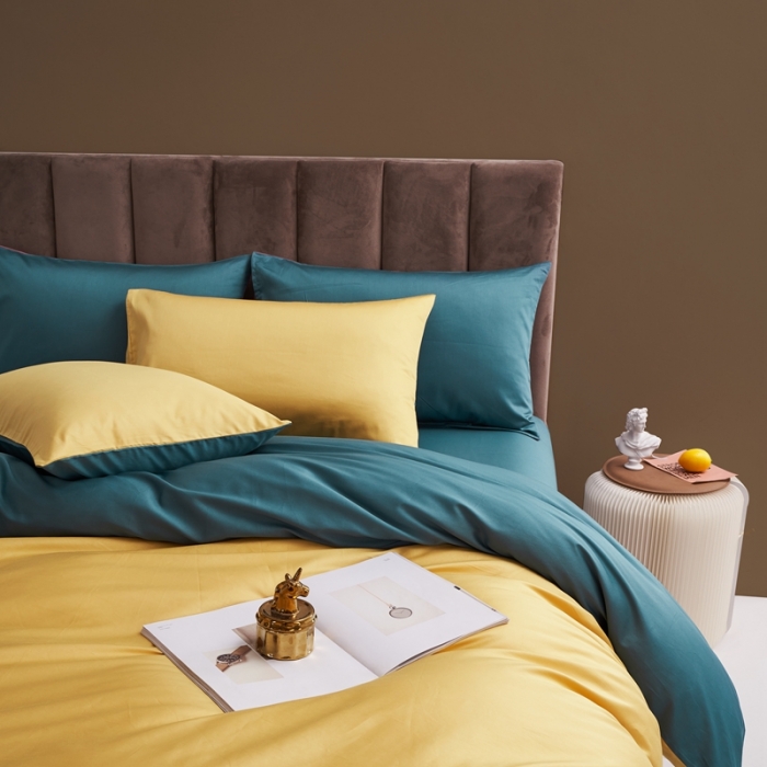 91家纺网 家纺一手货源 找家纺 顾家家居新款60长绒棉双拼全棉四件套纯棉纯色连翘黄-森林绿