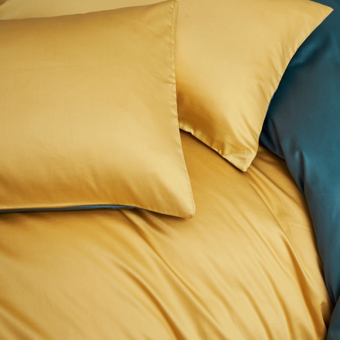 91家纺网 家纺一手货源 找家纺 顾家家居新款60长绒棉双拼全棉四件套纯棉纯色连翘黄-森林绿