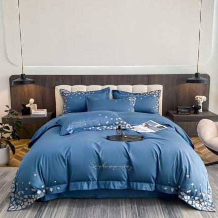 91家纺网 家纺一手货源 找家纺 爱缦 2022耀影系列100支长绒棉奥棉四件套 星梦蓝