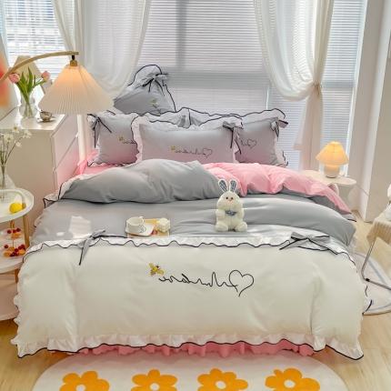 91家纺网 家纺一手货源 找家纺 慕语家纺 2023新款亲肤磨毛高支高密四件套-小幸运 灰粉