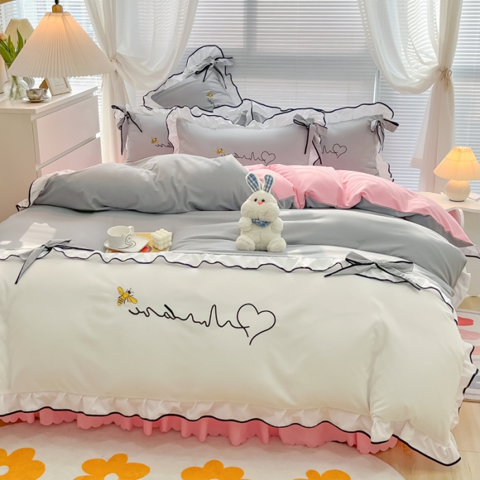 91家纺网 家纺一手货源 找家纺 慕语家纺 2023新款亲肤磨毛高支高密四件套-小幸运 灰粉