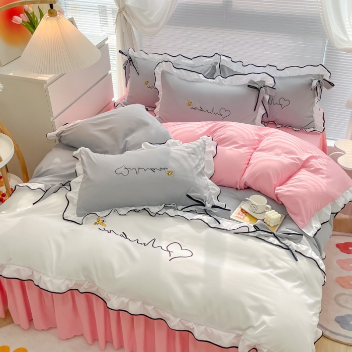 91家纺网 家纺一手货源 找家纺 慕语家纺 2023新款亲肤磨毛高支高密四件套-小幸运 灰粉