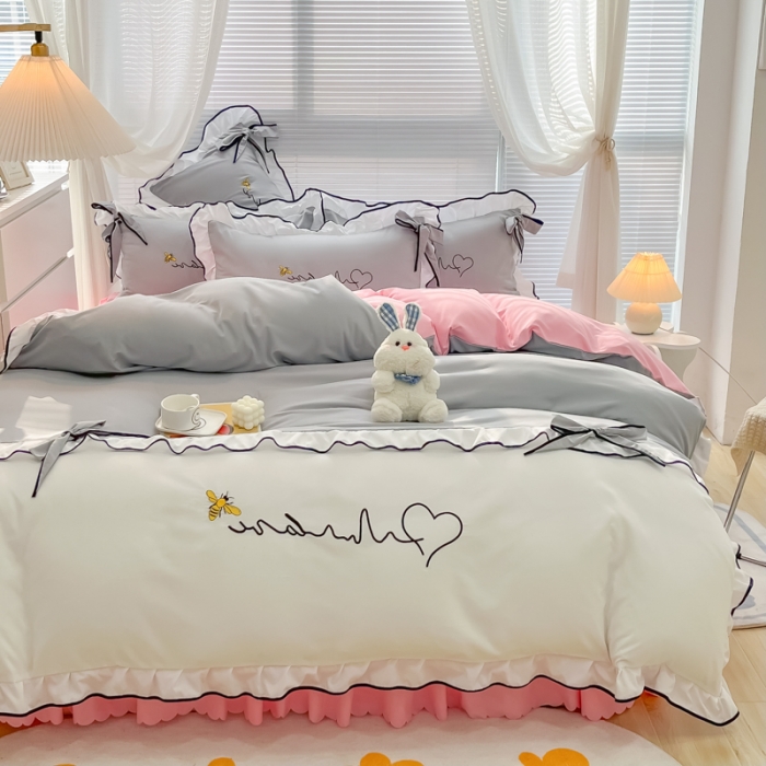 91家纺网 家纺一手货源 找家纺 慕语家纺 2023新款亲肤磨毛高支高密四件套-小幸运 灰粉