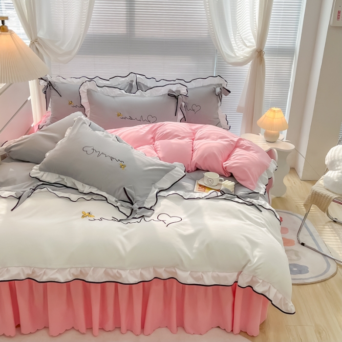 91家纺网 家纺一手货源 找家纺 慕语家纺 2023新款亲肤磨毛高支高密四件套-小幸运 灰粉