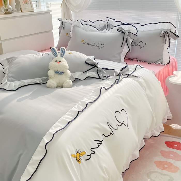 91家纺网 家纺一手货源 找家纺 慕语家纺 2023新款亲肤磨毛高支高密四件套-小幸运 灰粉