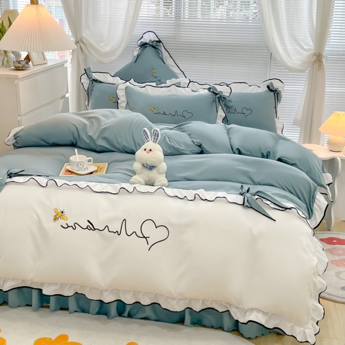 91家纺网 家纺一手货源 找家纺 慕语家纺 2023新款亲肤磨毛高支高密四件套-小幸运 蓝灰