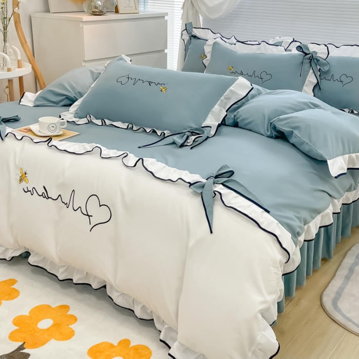 91家纺网 家纺一手货源 找家纺 慕语家纺 2023新款亲肤磨毛高支高密四件套-小幸运 蓝灰