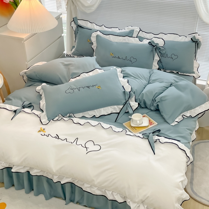 91家纺网 家纺一手货源 找家纺 慕语家纺 2023新款亲肤磨毛高支高密四件套-小幸运 蓝灰