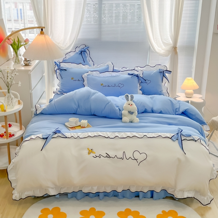 91家纺网 家纺一手货源 找家纺 慕语家纺 2023新款亲肤磨毛高支高密四件套-小幸运 天蓝