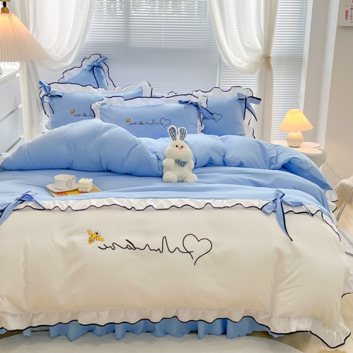 91家纺网 家纺一手货源 找家纺 慕语家纺 2023新款亲肤磨毛高支高密四件套-小幸运 天蓝