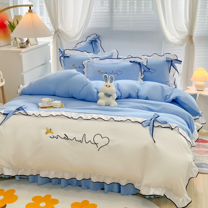 91家纺网 家纺一手货源 找家纺 慕语家纺 2023新款亲肤磨毛高支高密四件套-小幸运 天蓝