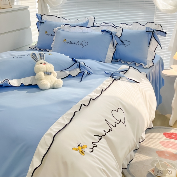 91家纺网 家纺一手货源 找家纺 慕语家纺 2023新款亲肤磨毛高支高密四件套-小幸运 天蓝