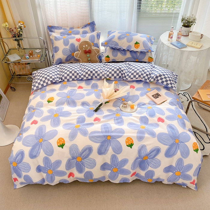 91家纺网 家纺一手货源 找家纺 尚帛 2024新款全棉12868印花四件套 草莓爱恋-蓝