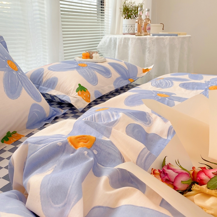 91家纺网 家纺一手货源 找家纺 尚帛 2024新款全棉12868印花四件套 草莓爱恋-蓝