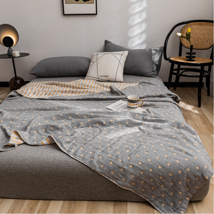 91家纺网 家纺一手货源 找家纺 朴尔家纺 2022新款主推三层水洗棉纱布毛巾被 冬空-深蓝