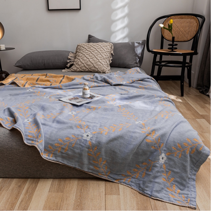 91家纺网 家纺一手货源 找家纺 朴尔家纺 2022新款主推三层水洗棉纱布毛巾被 花之恋-冰蓝黄