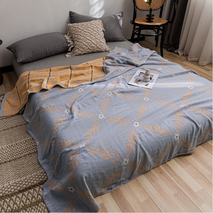 91家纺网 家纺一手货源 找家纺 朴尔家纺 2022新款主推三层水洗棉纱布毛巾被 花之恋-冰蓝黄