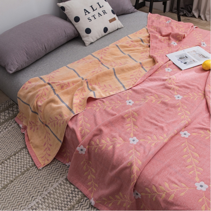 91家纺网 家纺一手货源 找家纺 朴尔家纺 2022新款主推三层水洗棉纱布毛巾被 花之恋-粉黄