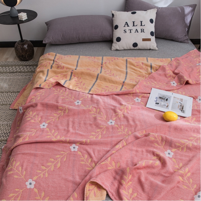 91家纺网 家纺一手货源 找家纺 朴尔家纺 2022新款主推三层水洗棉纱布毛巾被 花之恋-粉黄