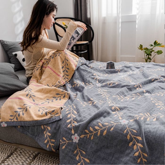 91家纺网 家纺一手货源 找家纺 朴尔家纺 2022新款主推三层水洗棉纱布毛巾被 花之恋-蓝黄