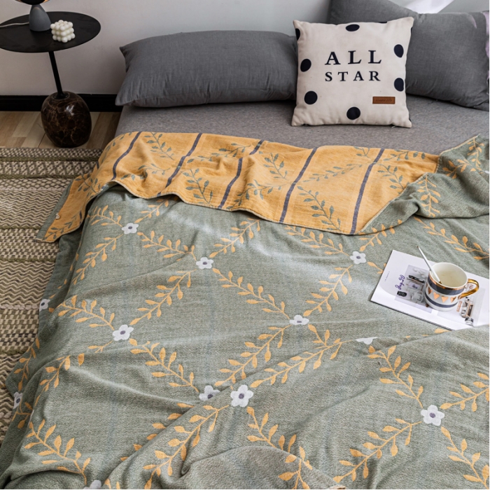 91家纺网 家纺一手货源 找家纺 朴尔家纺 2022新款主推三层水洗棉纱布毛巾被 花之恋-绿黄