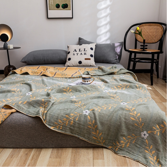 91家纺网 家纺一手货源 找家纺 朴尔家纺 2022新款主推三层水洗棉纱布毛巾被 花之恋-绿黄