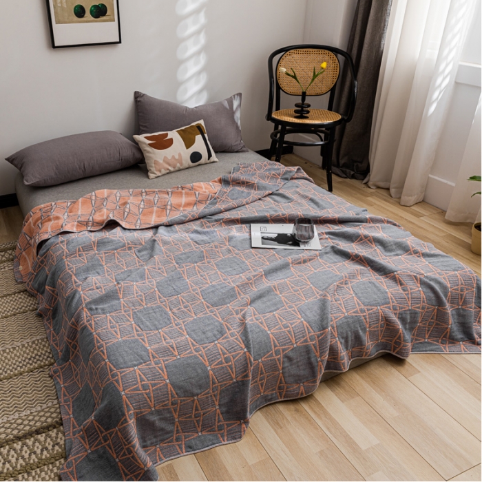 91家纺网 家纺一手货源 找家纺 朴尔家纺 2022新款主推三层水洗棉纱布毛巾被 三体秘境-灰橘