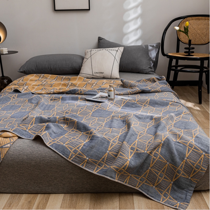 91家纺网 家纺一手货源 找家纺 朴尔家纺 2022新款主推三层水洗棉纱布毛巾被 三体秘境-蓝黄