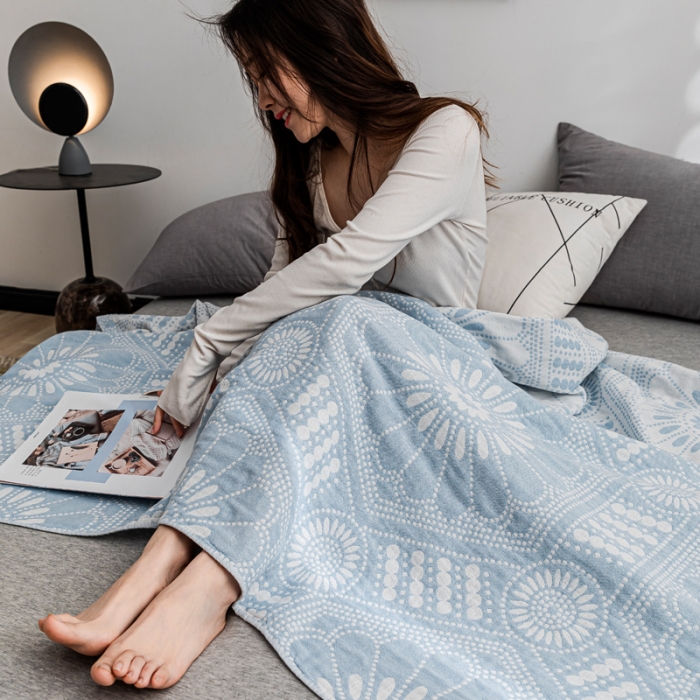 91家纺网 家纺一手货源 找家纺 朴尔家纺 2022新款主推三层水洗棉纱布毛巾被 星辰大海-冰蓝