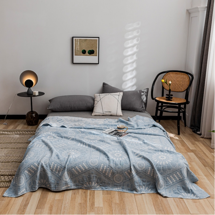 91家纺网 家纺一手货源 找家纺 朴尔家纺 2022新款主推三层水洗棉纱布毛巾被 星辰大海-冰蓝