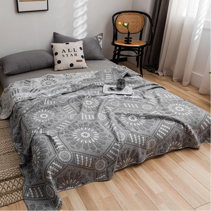 91家纺网 家纺一手货源 找家纺 朴尔家纺 2022新款主推三层水洗棉纱布毛巾被 星辰大海-灰白