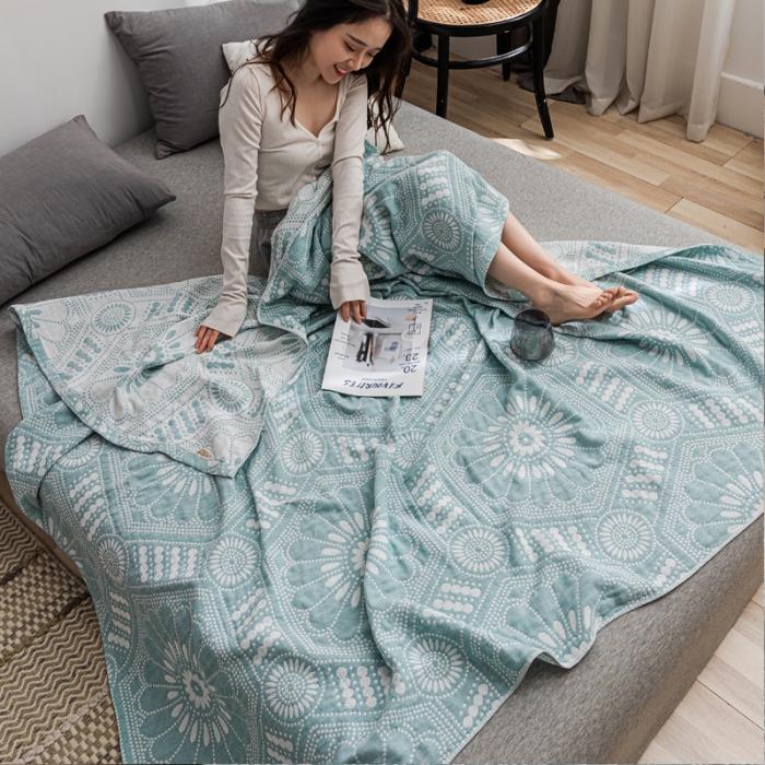 91家纺网 家纺一手货源 找家纺 朴尔家纺 2022新款主推三层水洗棉纱布毛巾被 星辰大海-绿