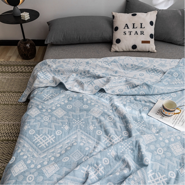 91家纺网 家纺一手货源 找家纺 朴尔家纺 2022新款主推三层水洗棉纱布毛巾被 远古图腾-冰蓝